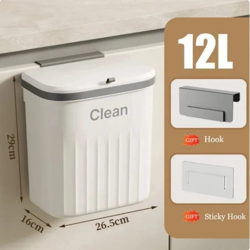 Shada 12L White with Lid Wall-Mounted Kitchen Trash Can With Lid, 8.5L/12L Hanging Garbage Bin For Cabinet, Compost, Space-Saving