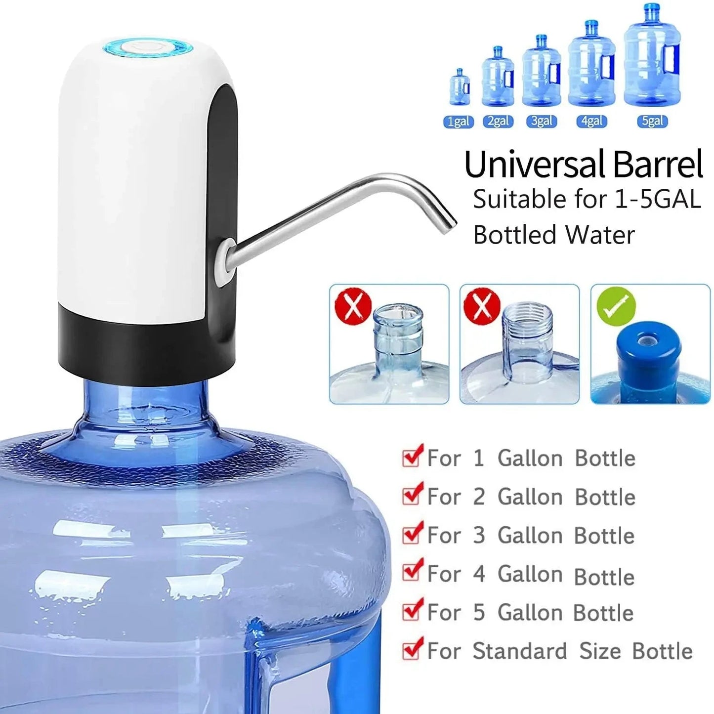 Shada 1pcWhite/Black Water Bottle Pump USB Charging Auto Switch Drinking Dispenser Charging One Click Auto Switch Drink Pump Dispenser