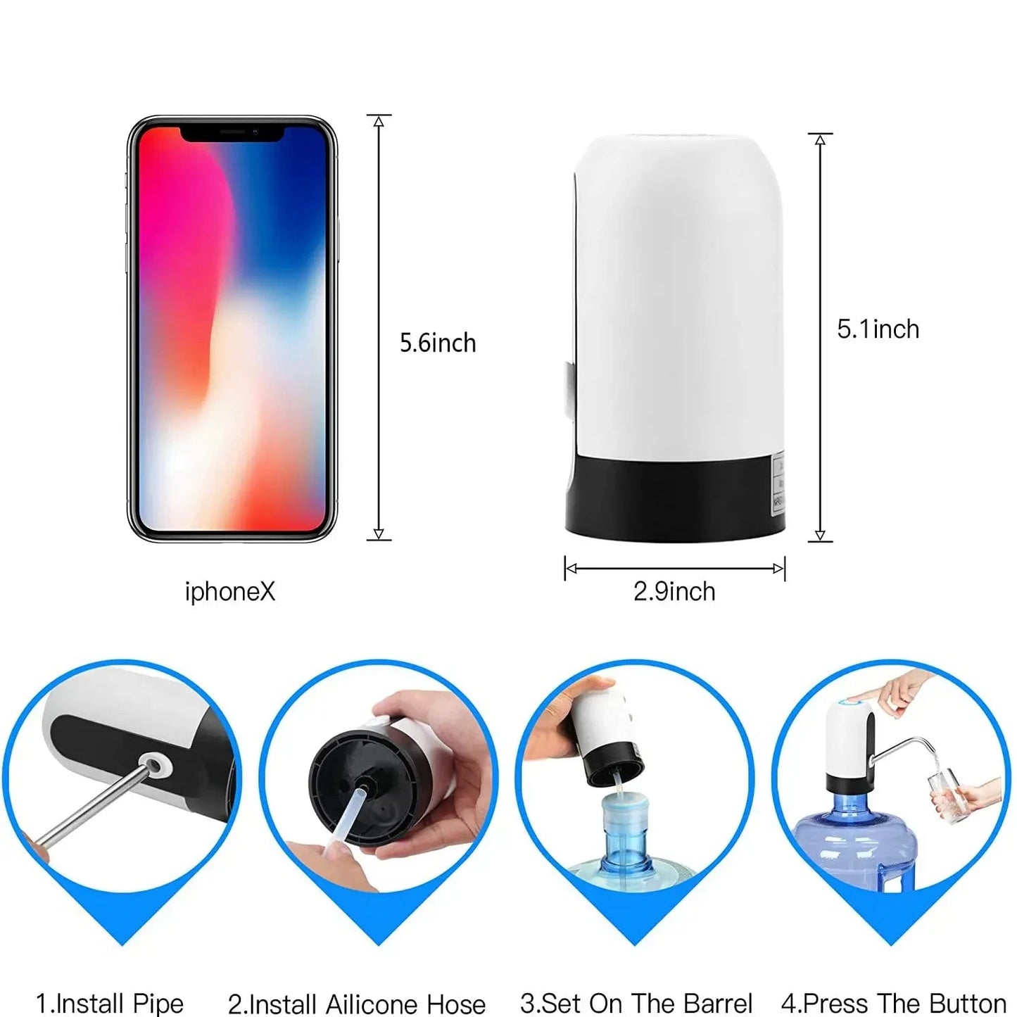 Shada 1pcWhite/Black Water Bottle Pump USB Charging Auto Switch Drinking Dispenser Charging One Click Auto Switch Drink Pump Dispenser