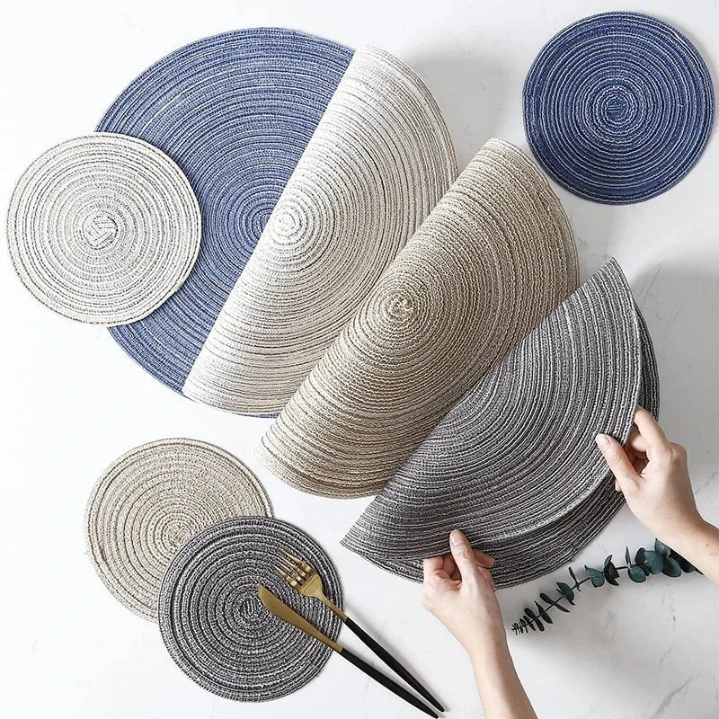 Shada 6pcs Round Table Mat Woven Ramie Placemats Anti Slip Dining Table Mats Non-Slip Tableware Bowl Pads Kitchen Drink Cup Coasters