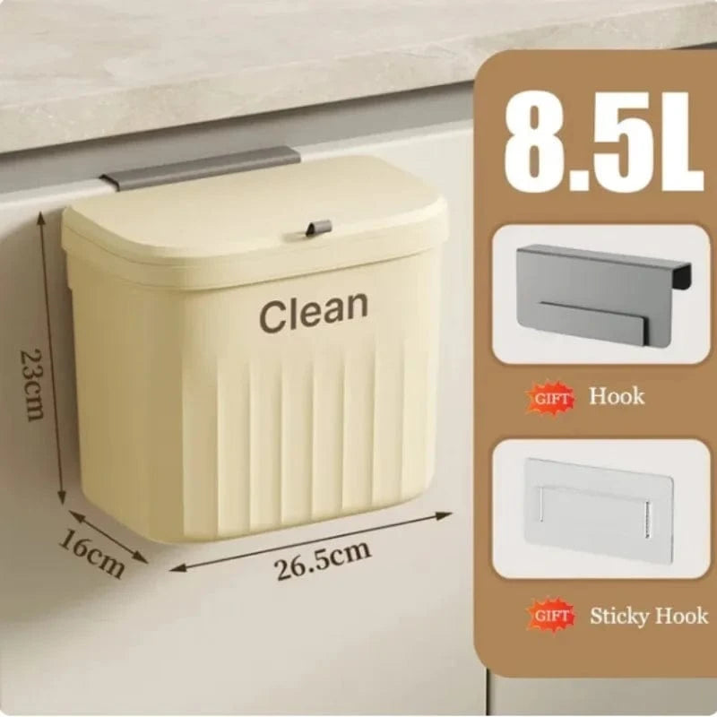 Shada 8.5L Beige with Lid Wall-Mounted Kitchen Trash Can With Lid, 8.5L/12L Hanging Garbage Bin For Cabinet, Compost, Space-Saving