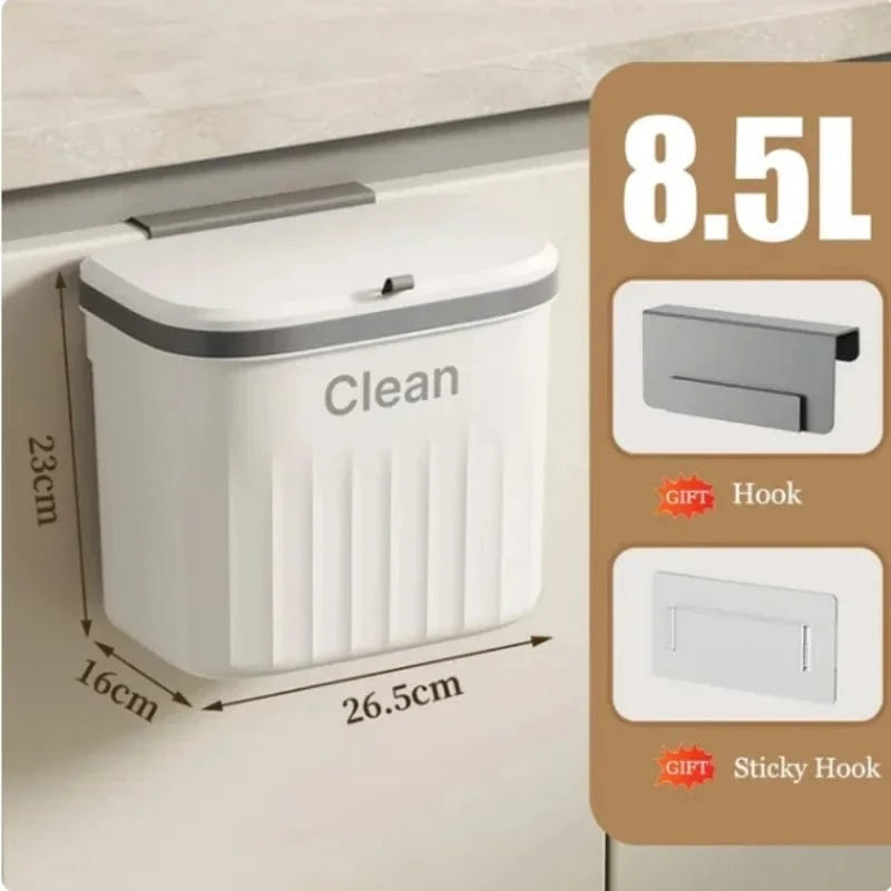 Shada 8.5L White with Lid Wall-Mounted Kitchen Trash Can With Lid, 8.5L/12L Hanging Garbage Bin For Cabinet, Compost, Space-Saving