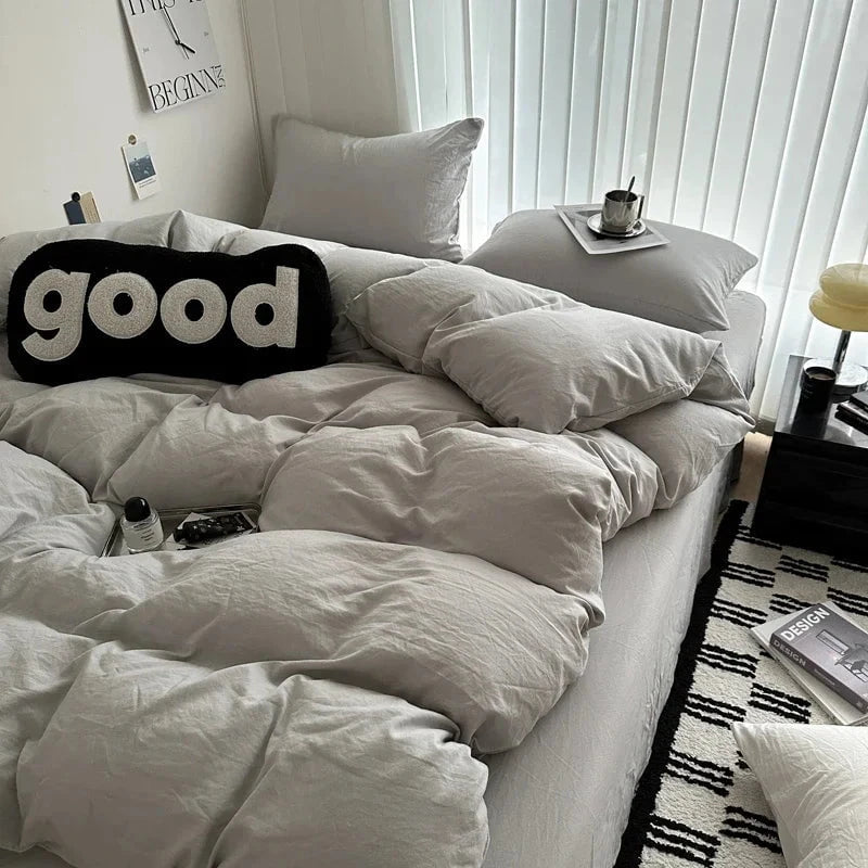Shada Bed Linen Solid Cotton Bedding Set with Sheet Duvet Cover Pillowcases Single Couple Bedsheet King Queen Double Twin Size