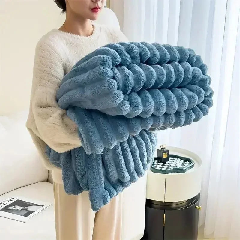 Shada Blue / 150x200cm Luxury Thickened Striped Warm Blanket - Soft Coral Fleece Sofa Throw for Autumn & Winter Comfort