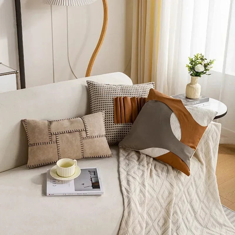 Shada Brown Patchwork Throw Pillow Cover - 30X50/45X45CM Modern Minimalist Decorative Cushion Cover