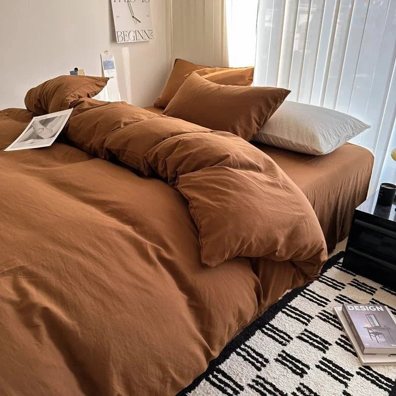 Shada Brown / Twin size 4pcs Bed Linen Solid Cotton Bedding Set with Sheet Duvet Cover Pillowcases Single Couple Bedsheet King Queen Double Twin Size