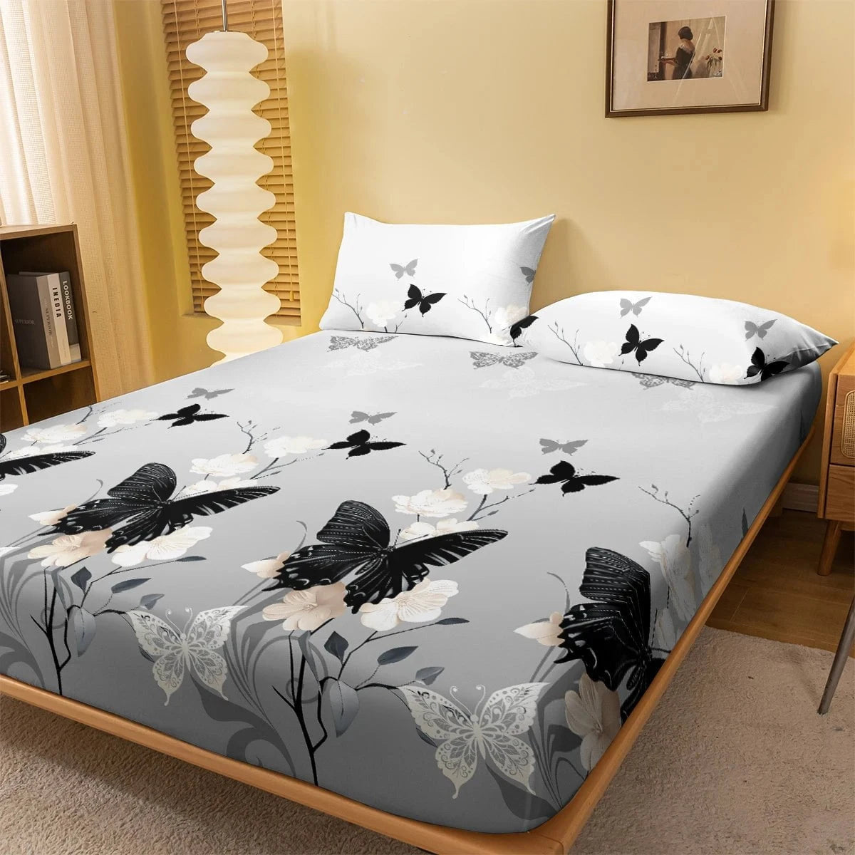 Shada ButterflyShadowBranc / 160x200cm 1 Simple modern Plant Flower Butterfly printed matte Fitted Sheet, bedroom printed bed cover, bedding (excluding pillowcases)
