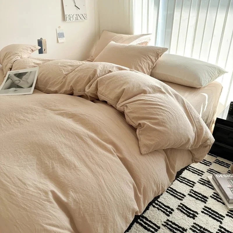 Shada Camel / Twin size 4pcs Bed Linen Solid Cotton Bedding Set with Sheet Duvet Cover Pillowcases Single Couple Bedsheet King Queen Double Twin Size