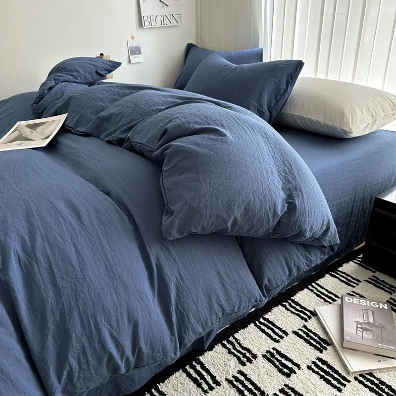 Shada Dark Blue / King size 4pcs Bed Linen Solid Cotton Bedding Set with Sheet Duvet Cover Pillowcases Single Couple Bedsheet King Queen Double Twin Size