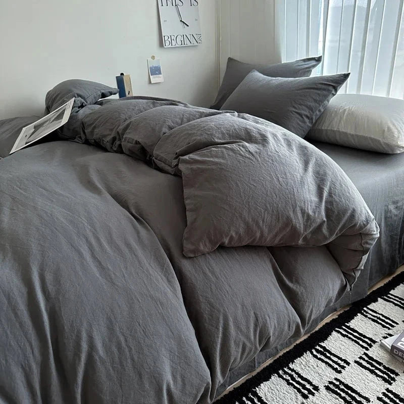 Shada Dark Gray / Twin size 4pcs Bed Linen Solid Cotton Bedding Set with Sheet Duvet Cover Pillowcases Single Couple Bedsheet King Queen Double Twin Size