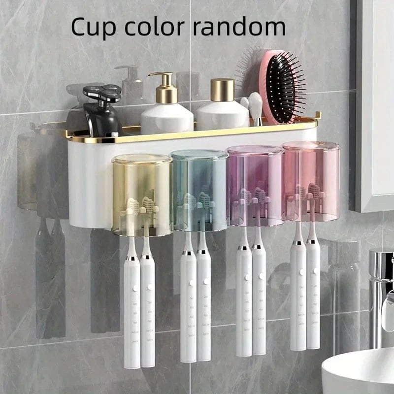 Shada Four-way stand Perforation-Free Toothbrush Holder With Squeezer and Mouthwash Cup - Easy No-Drill Installation