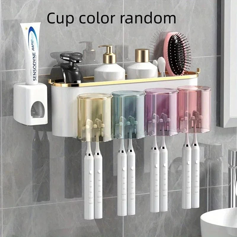 Shada Four With Squeezer Perforation-Free Toothbrush Holder With Squeezer and Mouthwash Cup - Easy No-Drill Installation