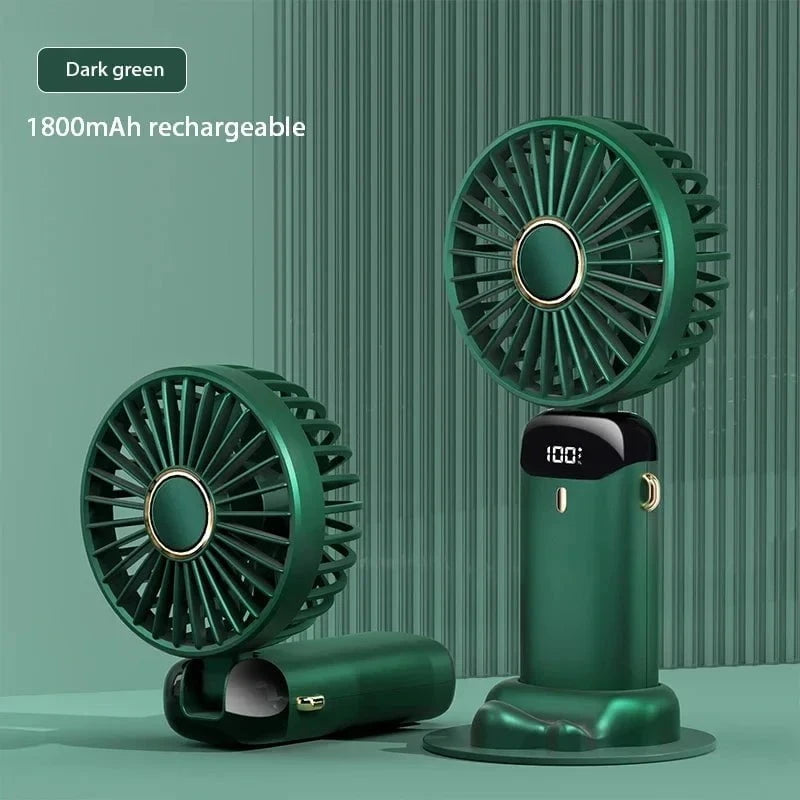 Shada green Handheld Mini Fan Foldable Portable Neck Hanging Fans 5 Speed USB Rechargeable Fan with Phone Stand and Display Screen 1800mAh