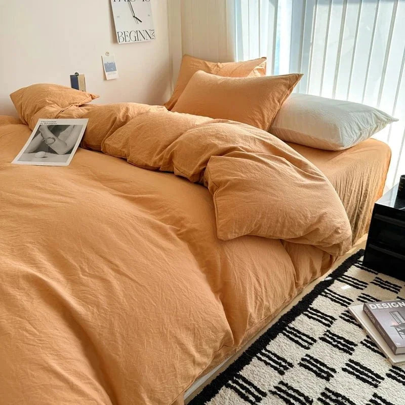 Shada Light Camel / Twin size 4pcs Bed Linen Solid Cotton Bedding Set with Sheet Duvet Cover Pillowcases Single Couple Bedsheet King Queen Double Twin Size