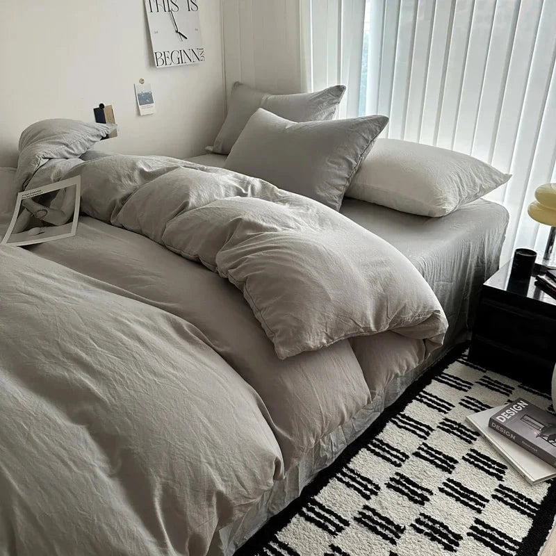 Shada Light Gray / Twin size 4pcs Bed Linen Solid Cotton Bedding Set with Sheet Duvet Cover Pillowcases Single Couple Bedsheet King Queen Double Twin Size