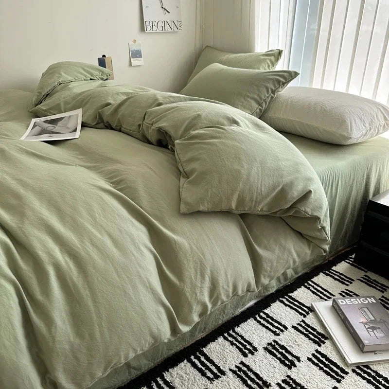 Shada Light Green / Twin size 4pcs Bed Linen Solid Cotton Bedding Set with Sheet Duvet Cover Pillowcases Single Couple Bedsheet King Queen Double Twin Size