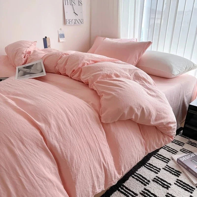 Shada Light Pink / King size 4pcs Bed Linen Solid Cotton Bedding Set with Sheet Duvet Cover Pillowcases Single Couple Bedsheet King Queen Double Twin Size