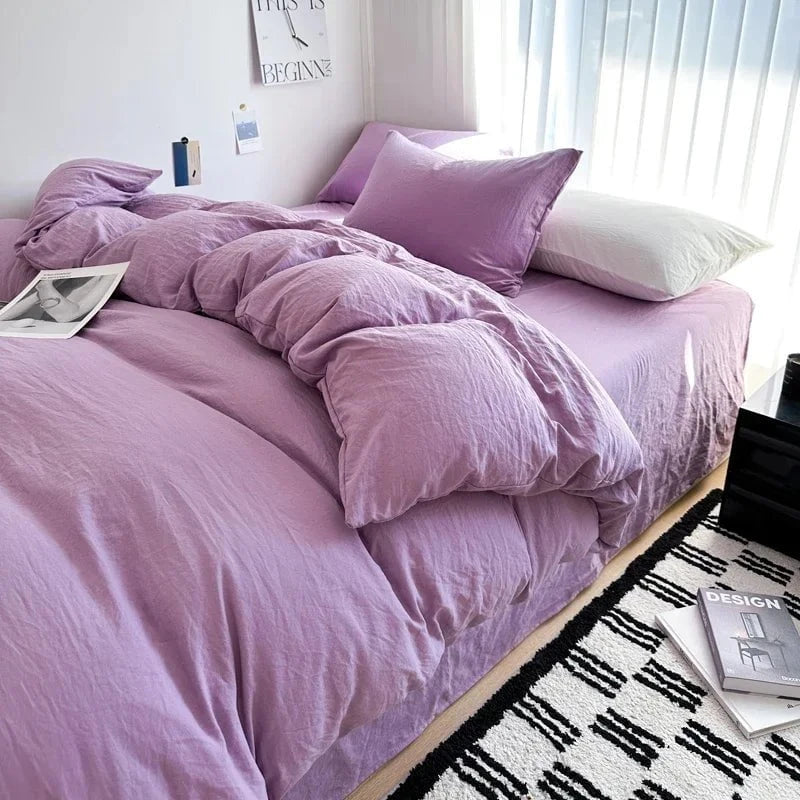 Shada Light Purple / Twin size 4pcs Bed Linen Solid Cotton Bedding Set with Sheet Duvet Cover Pillowcases Single Couple Bedsheet King Queen Double Twin Size