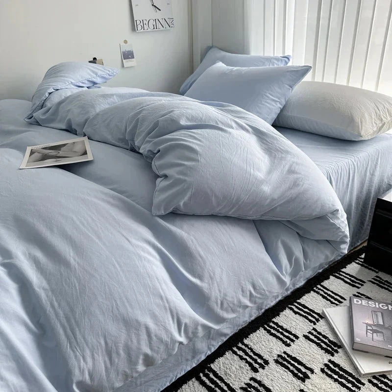 Shada Light Sky Blue / Twin size 4pcs Bed Linen Solid Cotton Bedding Set with Sheet Duvet Cover Pillowcases Single Couple Bedsheet King Queen Double Twin Size