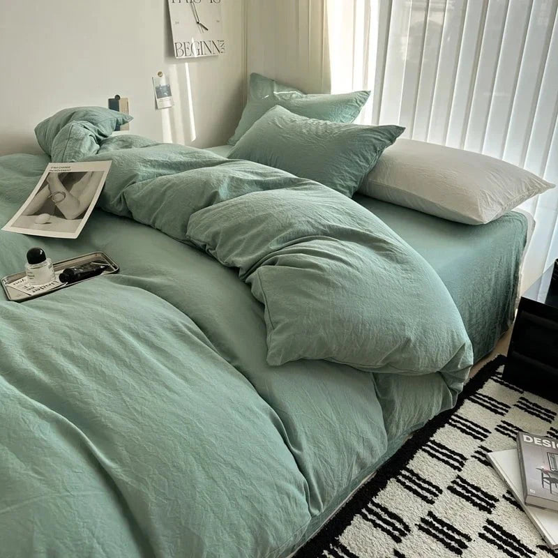 Shada Light Water Green / Twin size 4pcs Bed Linen Solid Cotton Bedding Set with Sheet Duvet Cover Pillowcases Single Couple Bedsheet King Queen Double Twin Size