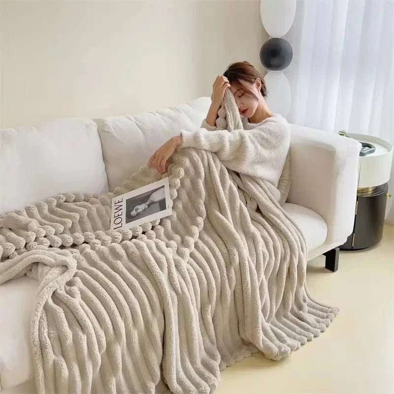Shada Luxury Thickened Striped Warm Blanket - Soft Coral Fleece Sofa Throw for Autumn & Winter Comfort