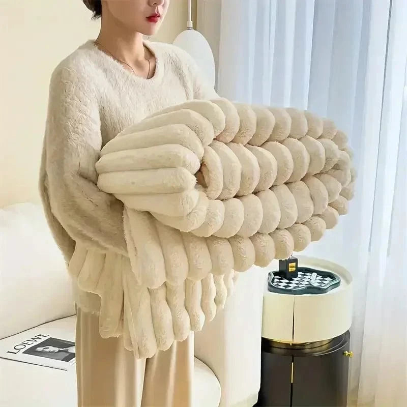 Shada Milk White / 100x150cm Luxury Thickened Striped Warm Blanket - Soft Coral Fleece Sofa Throw for Autumn & Winter Comfort