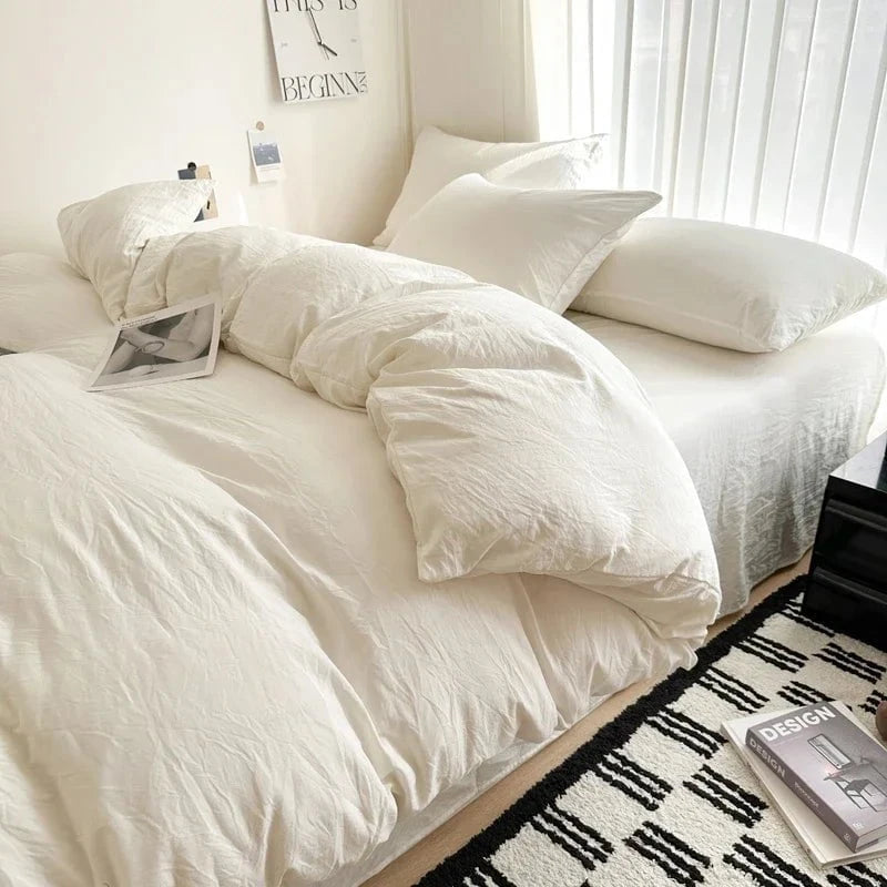 Shada Off White / Twin size 4pcs Bed Linen Solid Cotton Bedding Set with Sheet Duvet Cover Pillowcases Single Couple Bedsheet King Queen Double Twin Size