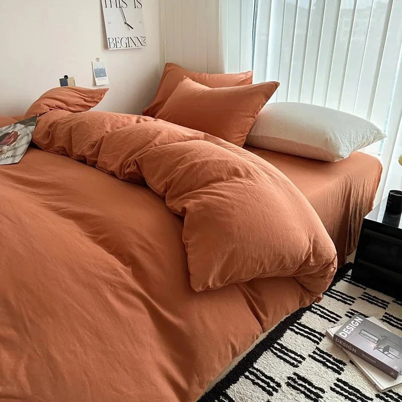 Shada Orange / Twin size 4pcs Bed Linen Solid Cotton Bedding Set with Sheet Duvet Cover Pillowcases Single Couple Bedsheet King Queen Double Twin Size