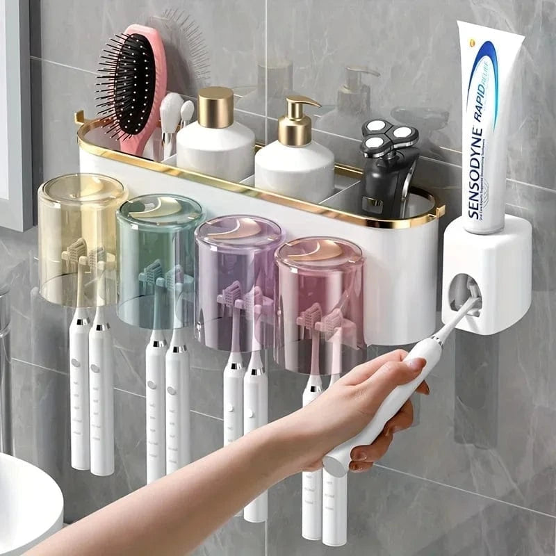 Shada Perforation-Free Toothbrush Holder With Squeezer and Mouthwash Cup - Easy No-Drill Installation