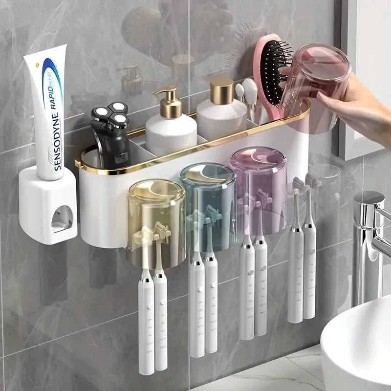 Shada Perforation-Free Toothbrush Holder With Squeezer and Mouthwash Cup - Easy No-Drill Installation