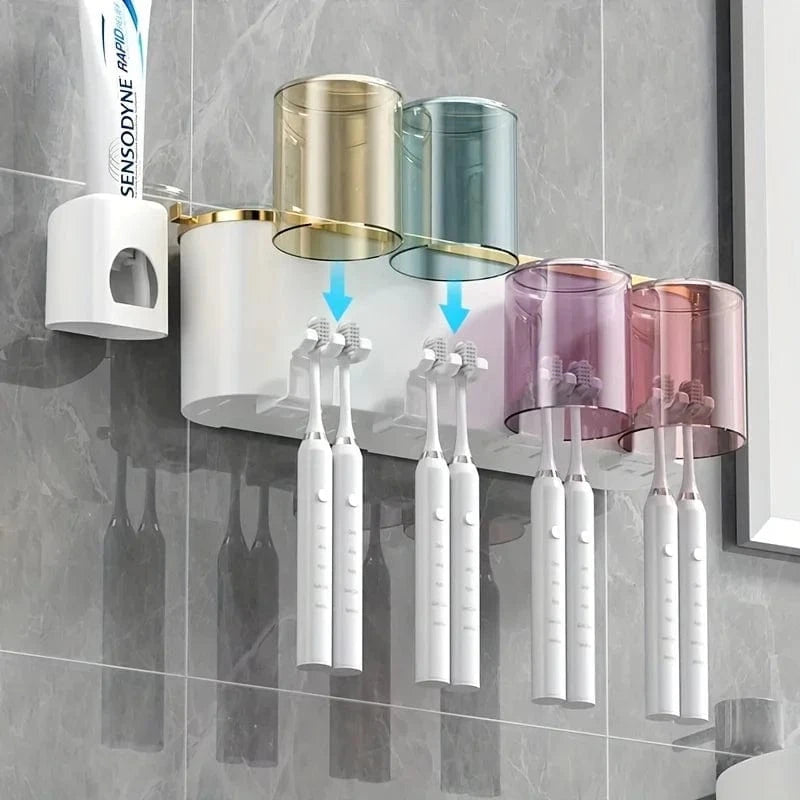 Shada Perforation-Free Toothbrush Holder With Squeezer and Mouthwash Cup - Easy No-Drill Installation