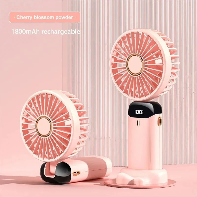 Shada Pink Handheld Mini Fan Foldable Portable Neck Hanging Fans 5 Speed USB Rechargeable Fan with Phone Stand and Display Screen 1800mAh