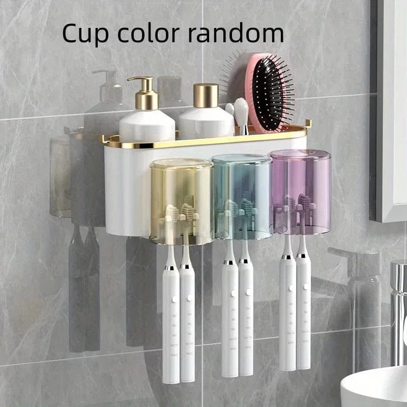 Shada Three-way stand Perforation-Free Toothbrush Holder With Squeezer and Mouthwash Cup - Easy No-Drill Installation