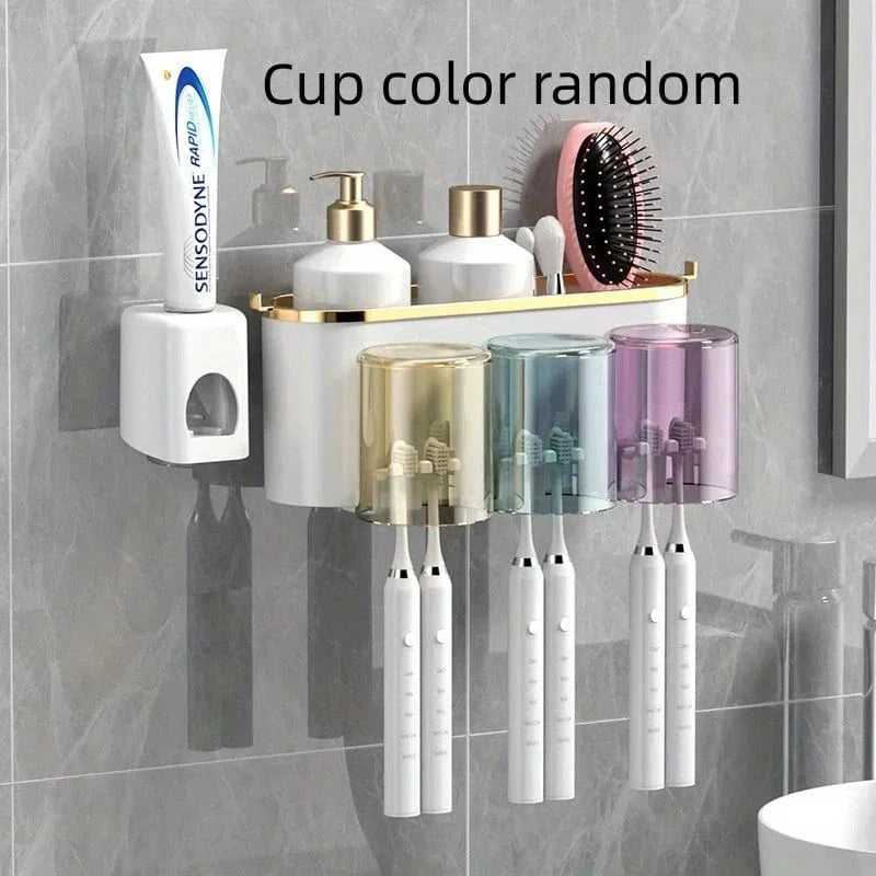 Shada Three With Squeezer Perforation-Free Toothbrush Holder With Squeezer and Mouthwash Cup - Easy No-Drill Installation