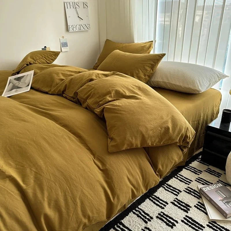 Shada Turmeric / Twin size 4pcs Bed Linen Solid Cotton Bedding Set with Sheet Duvet Cover Pillowcases Single Couple Bedsheet King Queen Double Twin Size
