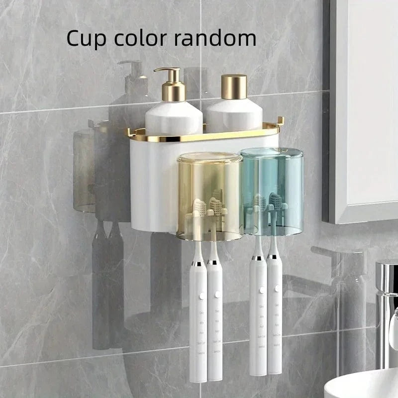 Shada Two-way stand Perforation-Free Toothbrush Holder With Squeezer and Mouthwash Cup - Easy No-Drill Installation