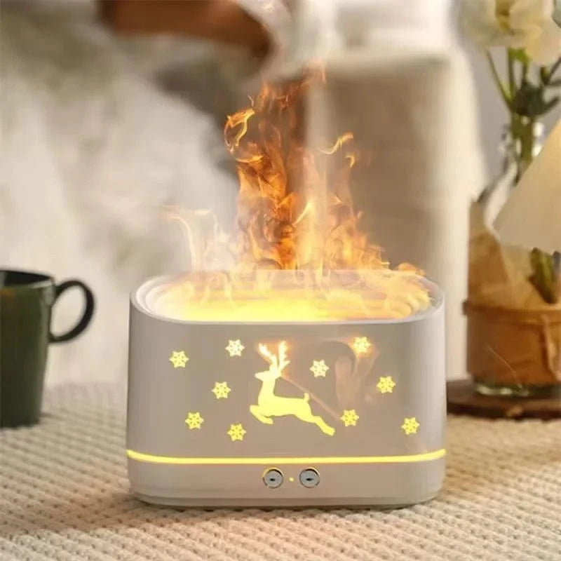 Shada White / 17x7cm New Style 2-in-1 Flame Humidifier Diffuser - Quiet, Adjustable Aroma, USB, Auto Shut-Off