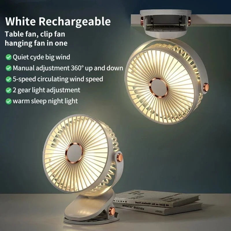 Shada White New 3 in 1 Portable Mini Clip Fan Rechargeable Air Circulator Wireless Electric Fan With Led Light Clip-on Home handheld Fan