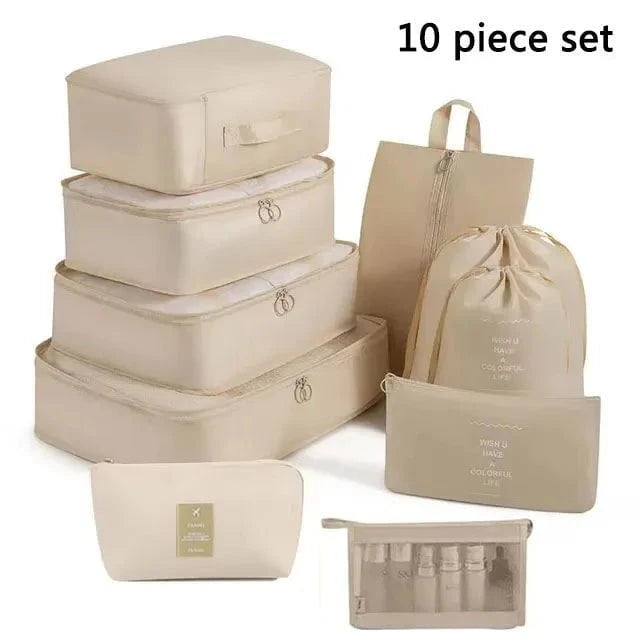 Shada 10pcs Set Beige Travel Set Storage Bags Clothes Digital Toiletries Shoes Organizer bag Student Dormitories Clothing Sorting Bags Packing Cubes