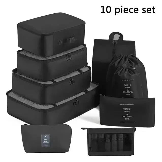 Shada 10pcs Set Black Travel Set Storage Bags Clothes Digital Toiletries Shoes Organizer bag Student Dormitories Clothing Sorting Bags Packing Cubes