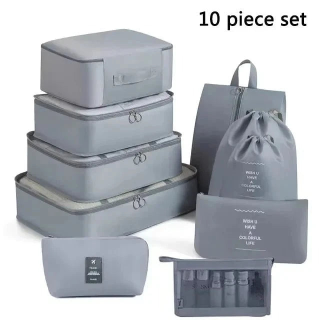 Shada 10pcs Set Gray Travel Set Storage Bags Clothes Digital Toiletries Shoes Organizer bag Student Dormitories Clothing Sorting Bags Packing Cubes
