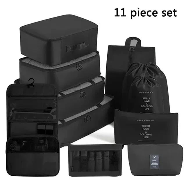 Shada 11pcs Set Black Travel Set Storage Bags Clothes Digital Toiletries Shoes Organizer bag Student Dormitories Clothing Sorting Bags Packing Cubes