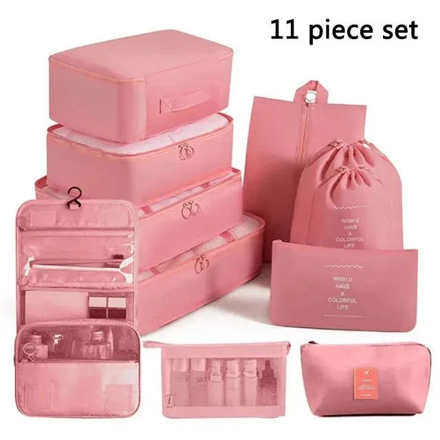 Shada 11pcs Set Pink Travel Set Storage Bags Clothes Digital Toiletries Shoes Organizer bag Student Dormitories Clothing Sorting Bags Packing Cubes