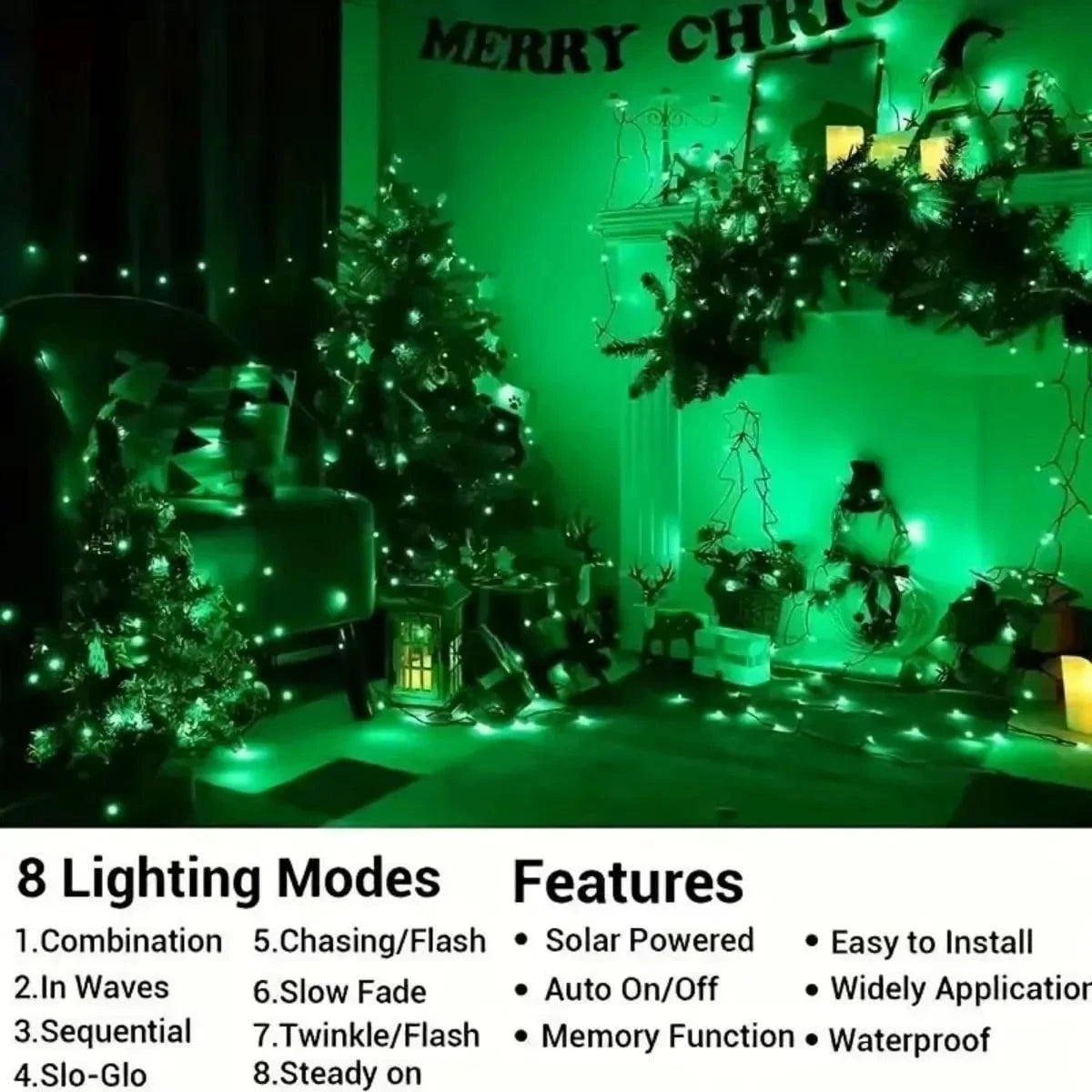 Shada 1pc Solar Powered Green String Lights 8 Lighting Modes Waterproof Outdoor Decoration For Halloween Garden Party Holiday
