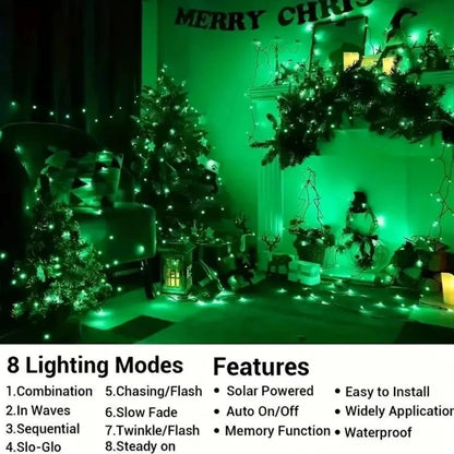 Shada 1pc Solar Powered Green String Lights 8 Lighting Modes Waterproof Outdoor Decoration For Halloween Garden Party Holiday
