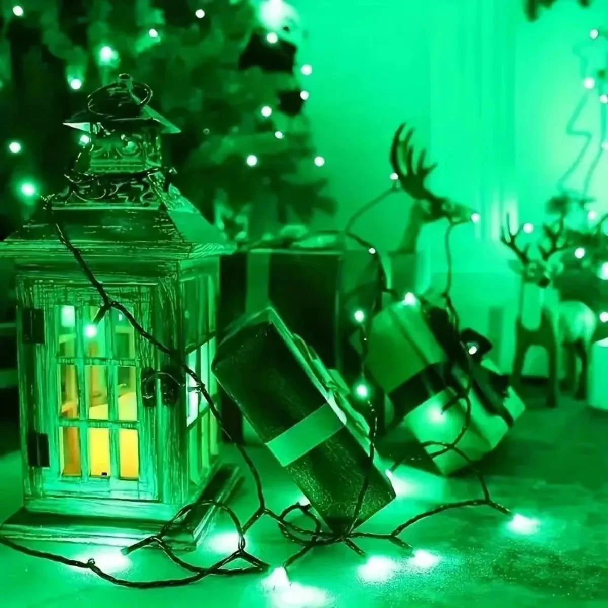 Shada 1pc Solar Powered Green String Lights 8 Lighting Modes Waterproof Outdoor Decoration For Halloween Garden Party Holiday