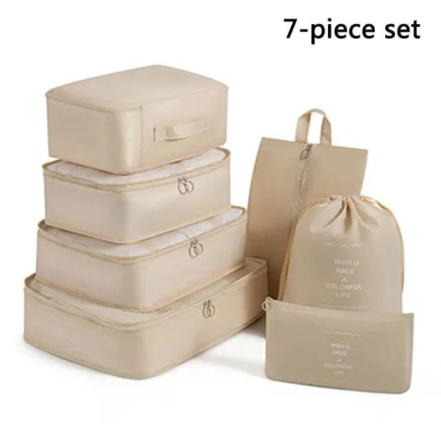 Shada 7pcs Set Beige Travel Set Storage Bags Clothes Digital Toiletries Shoes Organizer bag Student Dormitories Clothing Sorting Bags Packing Cubes