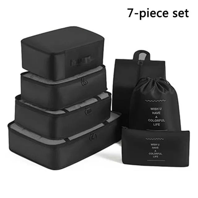 Shada 7pcs Set Black Travel Set Storage Bags Clothes Digital Toiletries Shoes Organizer bag Student Dormitories Clothing Sorting Bags Packing Cubes