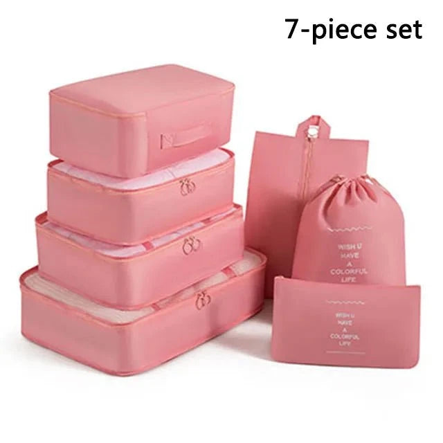 Shada 7pcs Set Pink Travel Set Storage Bags Clothes Digital Toiletries Shoes Organizer bag Student Dormitories Clothing Sorting Bags Packing Cubes
