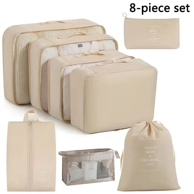 Shada 8pcs Set Beige Travel Set Storage Bags Clothes Digital Toiletries Shoes Organizer bag Student Dormitories Clothing Sorting Bags Packing Cubes